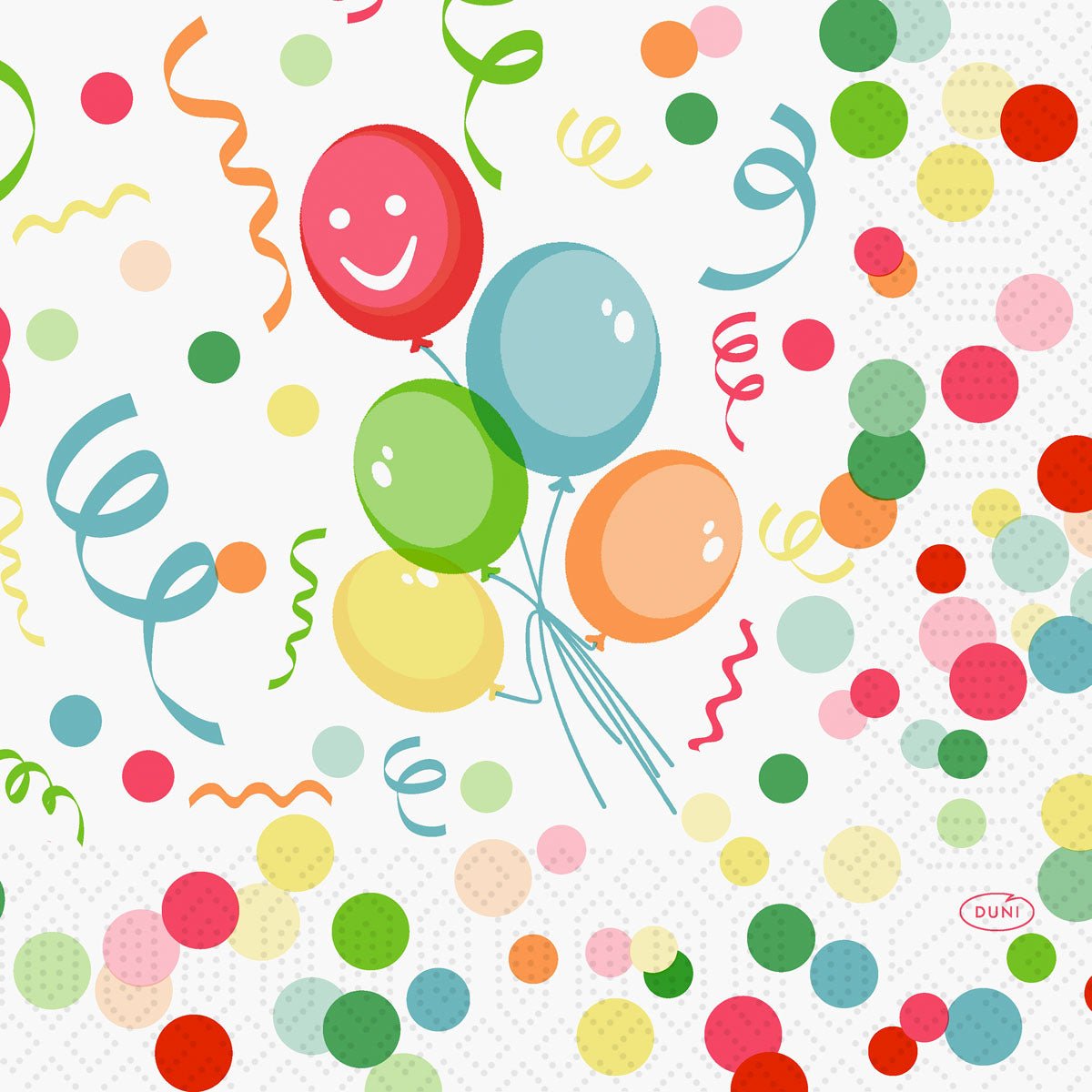 Balenie 250 Duni GmbH Zellt.-Serv.33 3lg 1/4 Happy Bubbles balónové servítky zobrazuje päť farebných balónov, jeden s usmievavou tvárou, obklopený slávnostným konfetami a serpentínami na bielom pozadí - ideálne na oslavy.