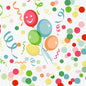 Balenie 250 Duni GmbH Zellt.-Serv.33 3lg 1/4 Happy Bubbles balónové servítky zobrazuje päť farebných balónov, jeden s usmievavou tvárou, obklopený slávnostným konfetami a serpentínami na bielom pozadí - ideálne na oslavy.