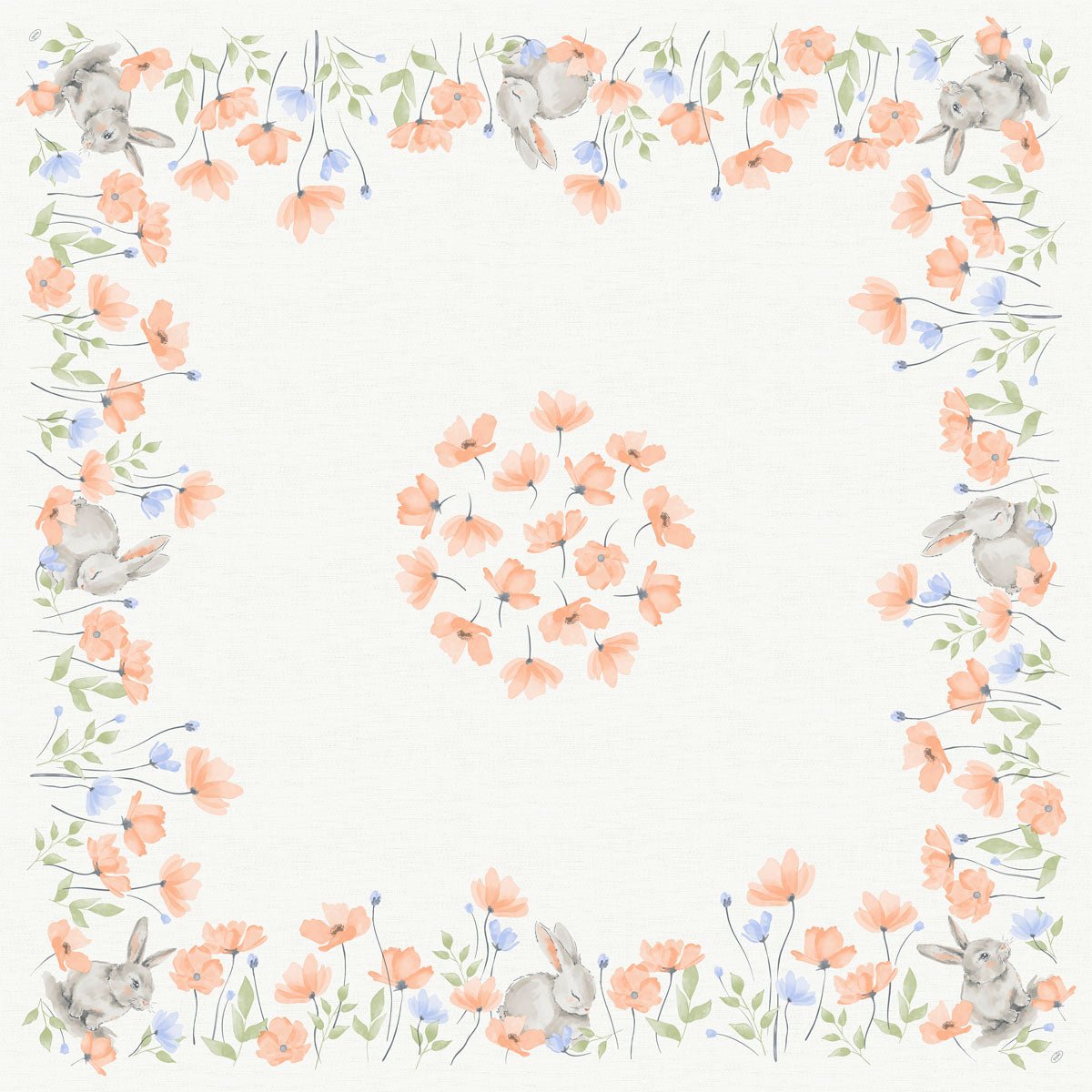 Tento biely obrus Bio-Dunicel-Mitteld.84x84 Bunny Bloom od Duni GmbH zobrazuje oranžové a modré akvarelové kvety, zelené listy a sivé králiky v rohoch s kvetinovým vencom v strede. Obsahuje 20 servítok na balenie.
