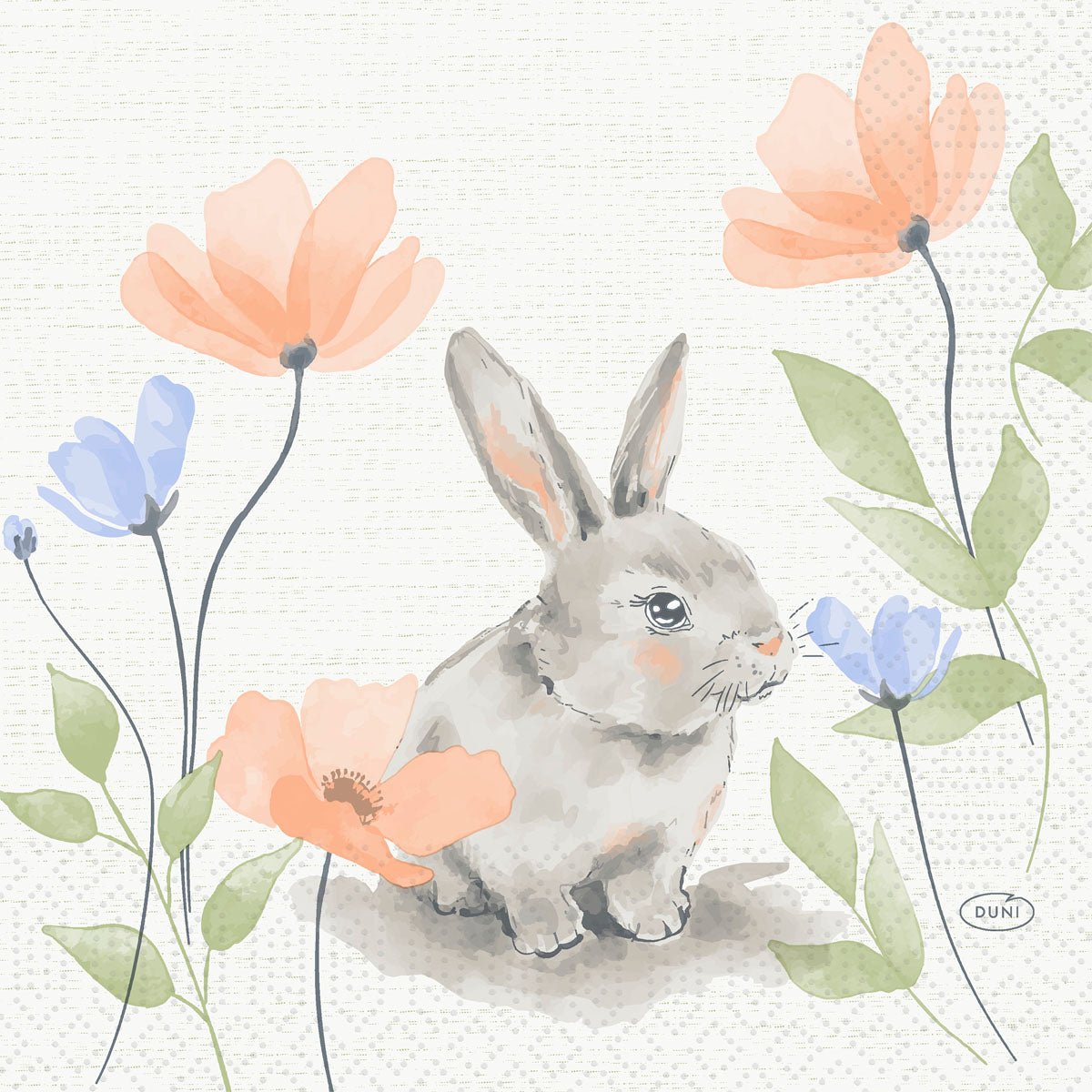 Die Bunny Bloom Servietten 33 cm 3-lagig 1/4-Falz von Duni GmbH zeigen einen grauen Hasen zwischen hellorangen und blauen Blumen - ideal als Ostern- oder Frühlingsservietten. Die Packung enthält 50 Stück.