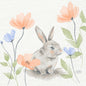 Die Bunny Bloom Servietten 33 cm 3-lagig 1/4-Falz von Duni GmbH zeigen einen grauen Hasen zwischen hellorangen und blauen Blumen - ideal als Ostern- oder Frühlingsservietten. Die Packung enthält 50 Stück.