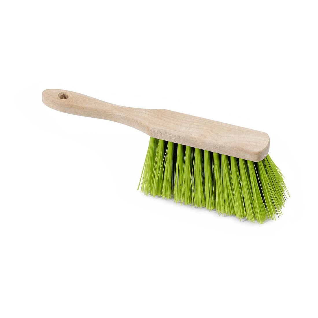 Nölle Profi Brush Prestige ručný zmeták 29 cm od Nölle Profi Brush Bürsten- & Pinseltechnik e.K. sa vyznačuje svetlým bukovým držadlom a zelenými elastonovými štetinami, ktoré sú zobrazené na bielom pozadí.