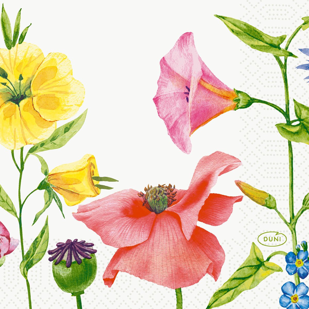 Farebné kvety a zelené listy zdobia biele pozadie na tejto kvalitnej servítke, 24x24 3vrstvová 1/4 od Duni GmbH. Logo "Duni" vpravo dole ju robí ideálnou pre špeciálne príležitosti.