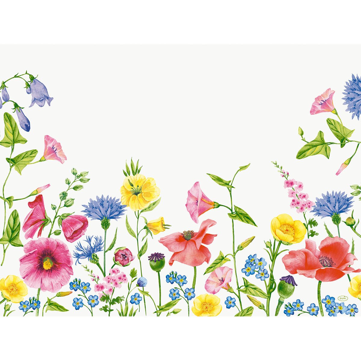 Papierové prestierania 30x40cm Flowy Meadow od Duni GmbH zobrazujú očarujúce ilustrácie ružových, žltých, modrých a červených lúčnych kvetov na bielom pozadí - ideálne na prinesenie farby do vašej stolovej dekorácie. Balenie (250 kusov).