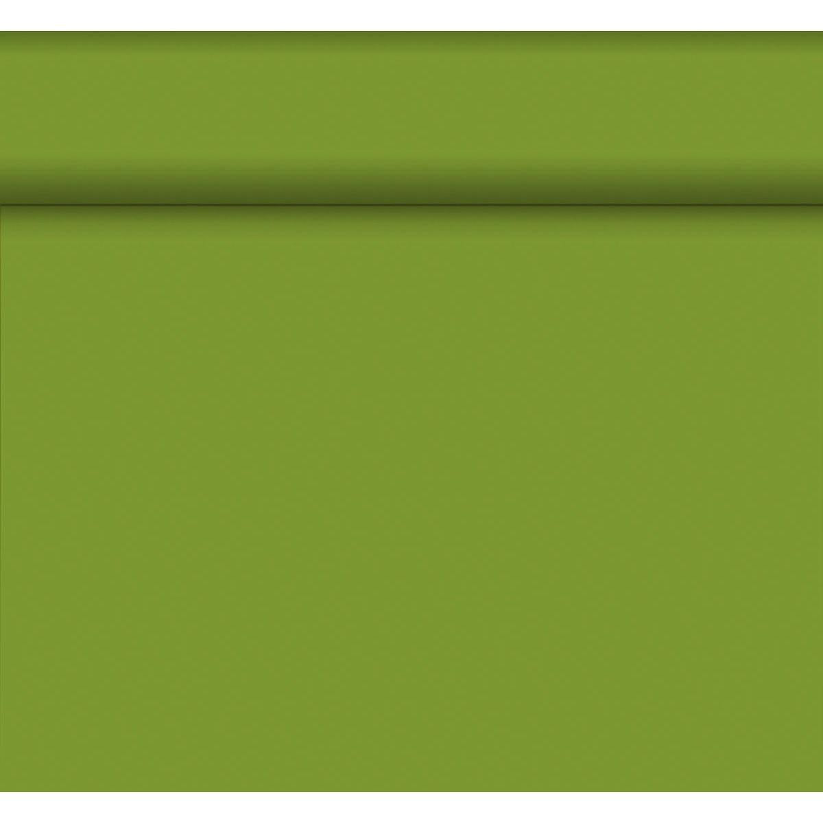 Das Bio-DC-Tete a Tete 0,4x24m von Duni GmbH zeichnet sich durch eine solide olivgrüne Oberfläche mit einer horizontalen erhabenen Linie im oberen Bereich aus, die einen subtilen Schatten erzeugt - ein umweltfreundliches Design, das von biologisch abbaubaren Materialien inspiriert ist.