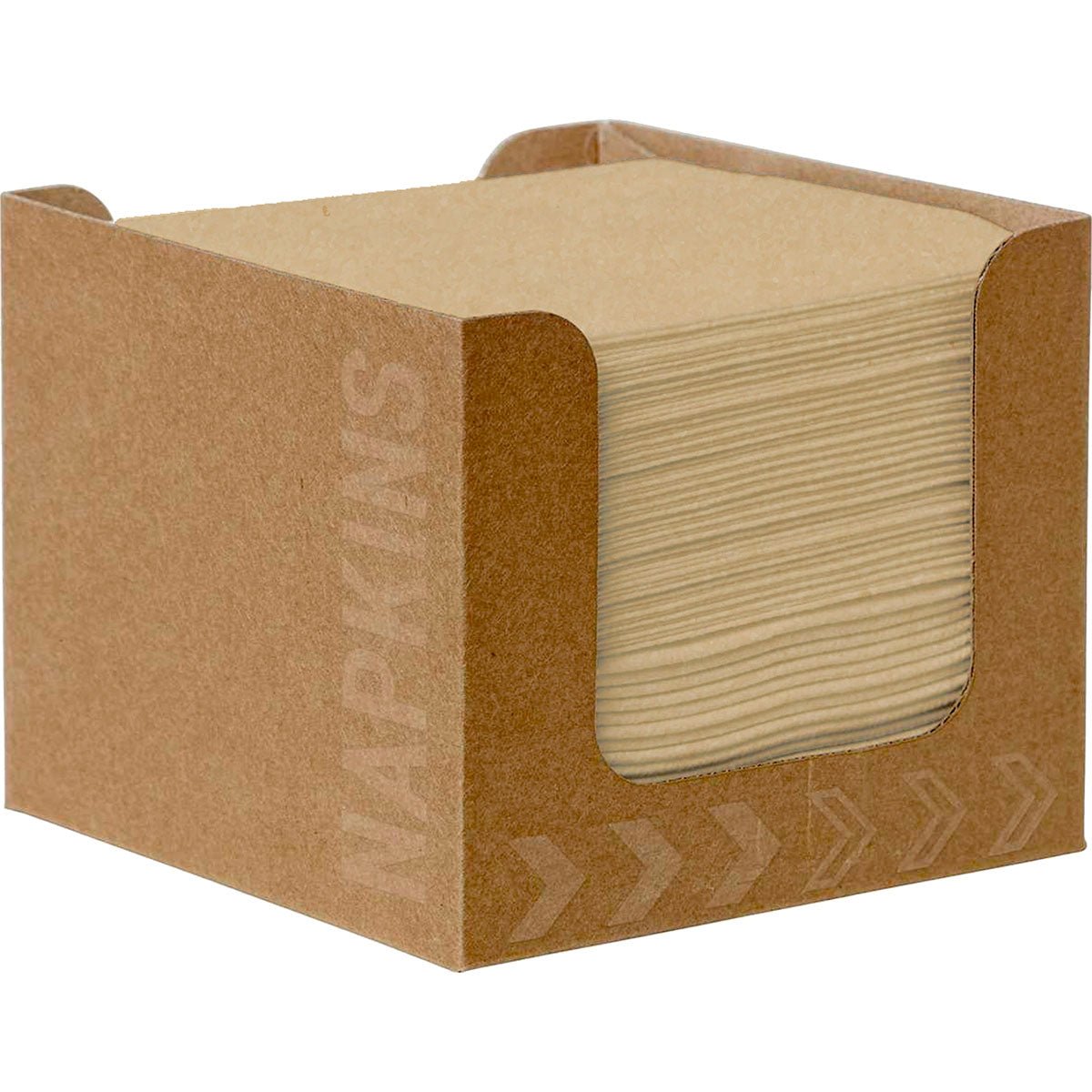 Balenie 50 Bio-Dunisoft obrúskov od spoločnosti Duni GmbH (20x20 cm, prírodná hnedá) sa nachádza v jednoduchej škatuli s nápisom "NAPKINS" a šípkami, ktorá je otvorená na prednej strane, aby ukázala ekologické okraje.