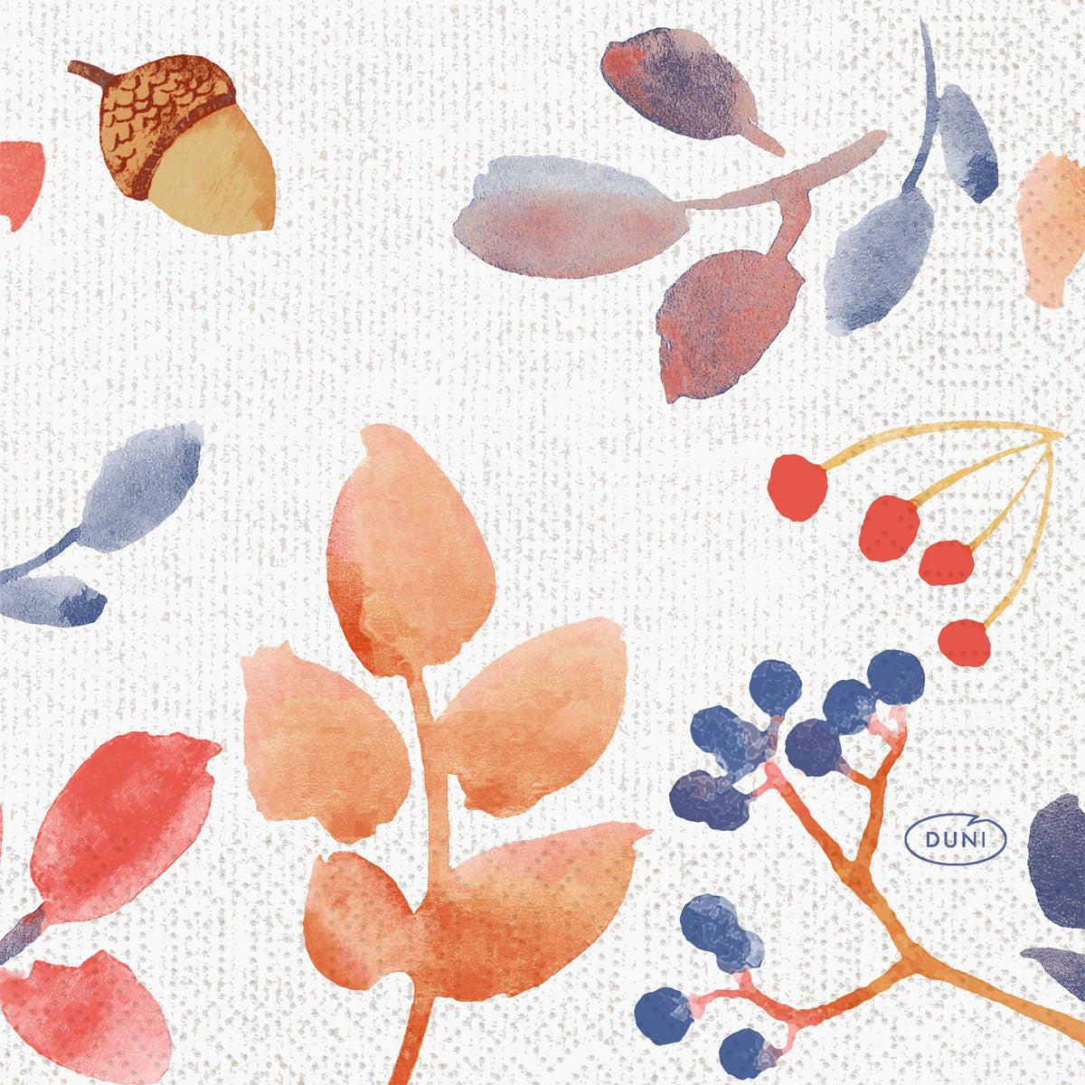 Ein strukturierter weißer Hintergrund mit aquarellierten Eicheln, Beeren und Blättern bildet einen bezaubernden Herbstlook für Duni GmbH Servietten 24x24 3lagig 1/4 Autumn Gradient (50 Stück). Das "DUNI"-Logo ist auf einem kleinen blauen Oval abgebildet.