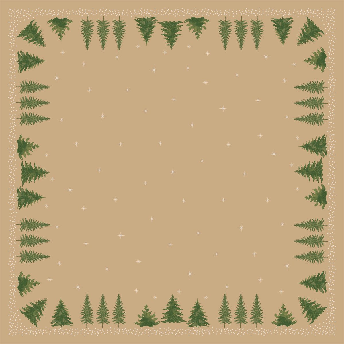 Štvorček svetlohnedej farby s bielymi bodkami a hviezdičkami, orámovaný zelenými jedľami, vytvára sviatočný vzhľad - ideálny na stolovú dekoráciu s bio stredovým obrusom Dunicel 84x84cm "Humble Trees" od Duni GmbH (balenie: 20 kusov, biologicky rozložiteľné).