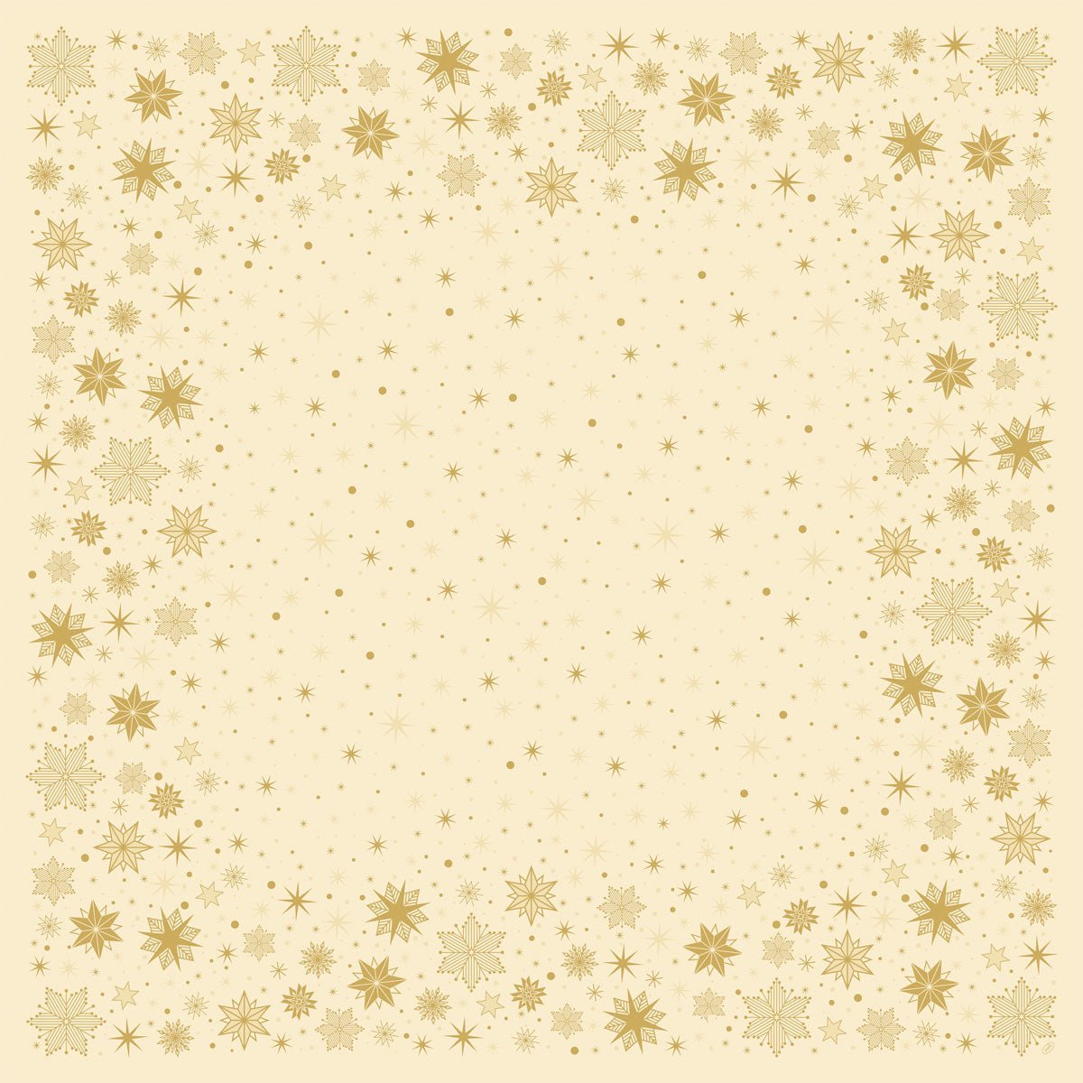Bio-Dunicel stredový obrus 84x84cm Stargazing krémový od Duni GmbH má štvorcovú bordúru zo zlatých snehových vločiek a bodiek na krémovom podklade, ideálny pre všetkých, ktorí hľadajú ekologickú stolovú dekoráciu s väčšinou prázdnym stredom.