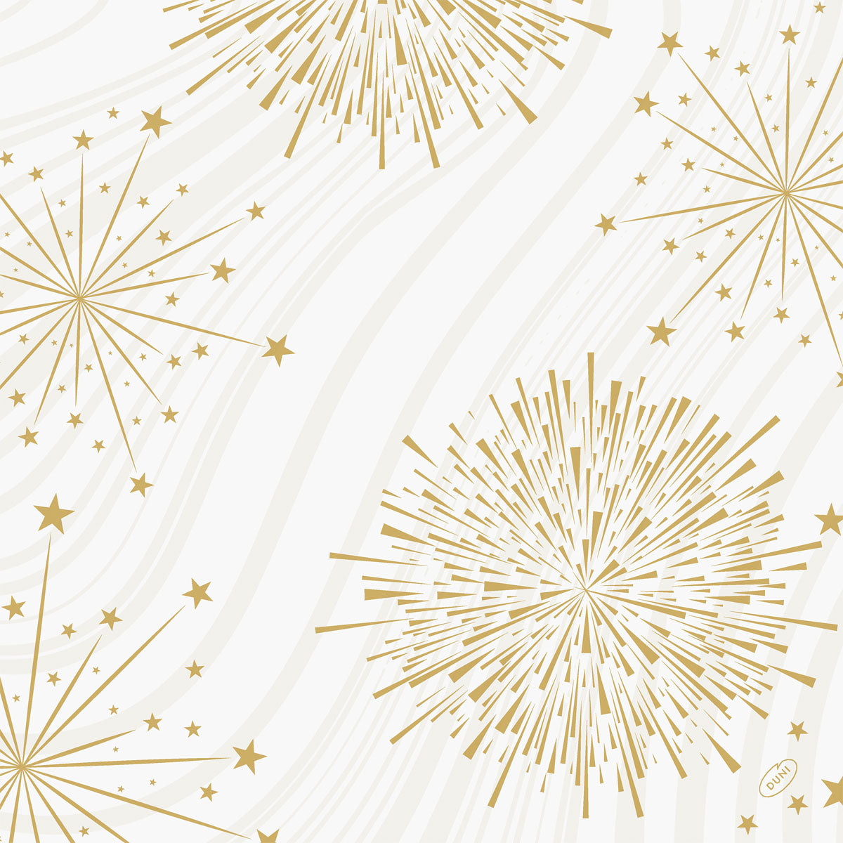 Goldene Starburst- und Feuerwerksmuster mit verschiedenen Linien- und Sternformen schmücken einen weißen Hintergrund mit dezenten grauen Wellen und sorgen für einen festlichen Look - ideal für Duni GmbH Bio-Dunisoft-Servietten 40x40cm zu jedem Anlass.