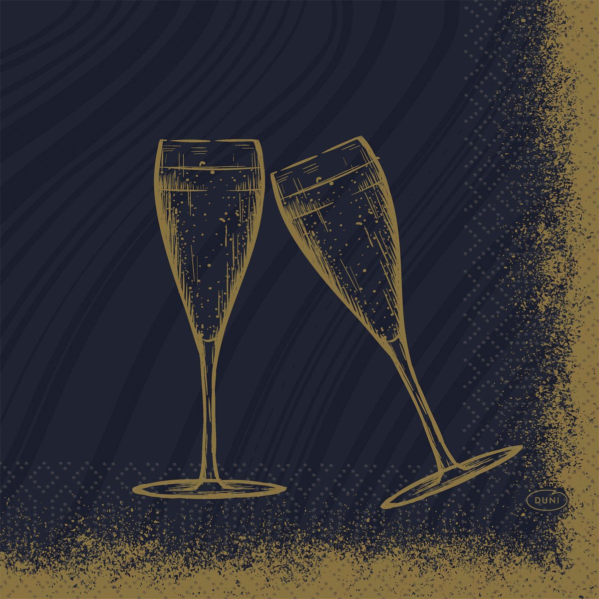 Dva zlatom orámované poháre na sekt cinkajú na tmavomodrom škvrnitom pozadí - elegantný dizajn pre Duni GmbH servítky 33x33 3-vrstvové 1/4 Sparkly Cheers čierne, balenie (50 kusov).