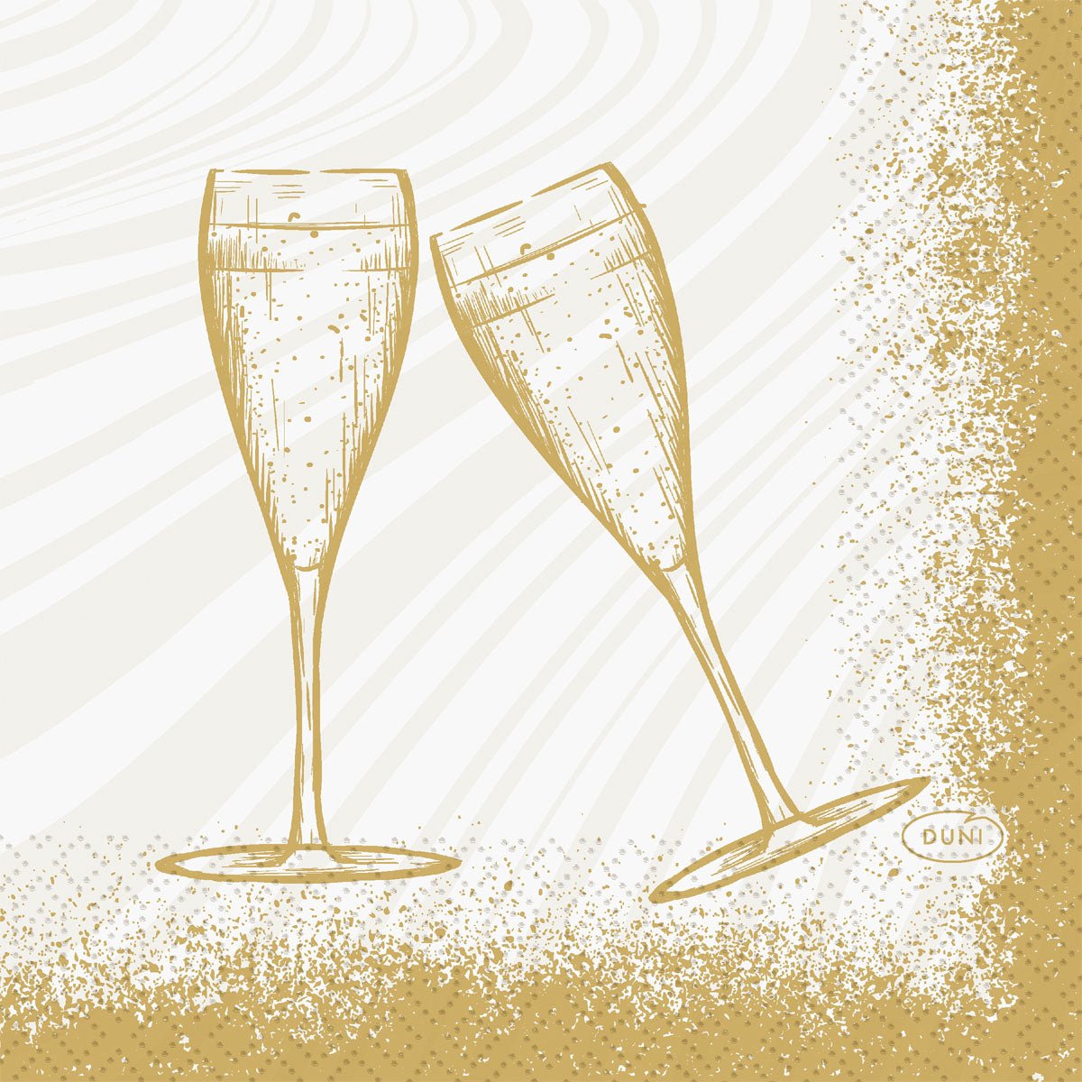 Zwei mit sektgefüllte Sektflöten klirren in dieser gold-weißen Illustration für Duni GmbH Servietten 24x24 3lagig 1/4 Sparkly Cheers white (Packung 50 Stück), umrahmt von einem gesprenkelten Goldrand - perfekt für festliche Momente.