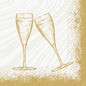 Zwei mit sektgefüllte Sektflöten klirren in dieser gold-weißen Illustration für Duni GmbH Servietten 24x24 3lagig 1/4 Sparkly Cheers white (Packung 50 Stück), umrahmt von einem gesprenkelten Goldrand - perfekt für festliche Momente.
