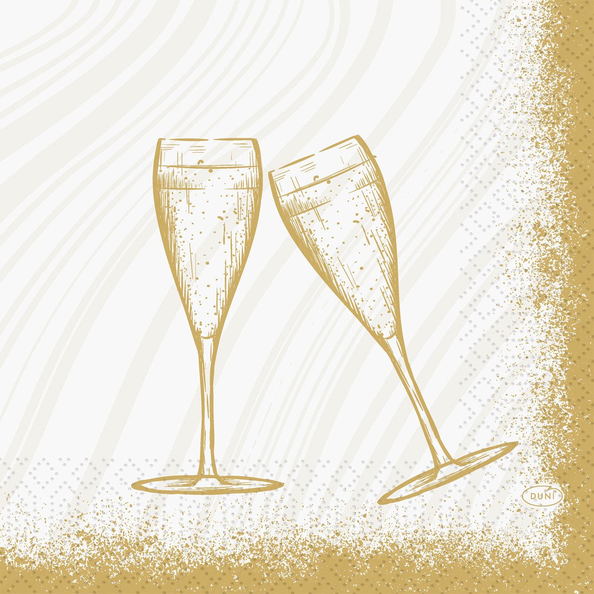 Jednoduchá zlatá kresba dvoch pohárov šampanského na bielom pozadí so zlatými škvrnami - ideálne pre Duni GmbH servítky 33 3-vrstvové 1/4 Sparkly Cheers biele (50 kusov) pre štýlové párty alebo oslavy.