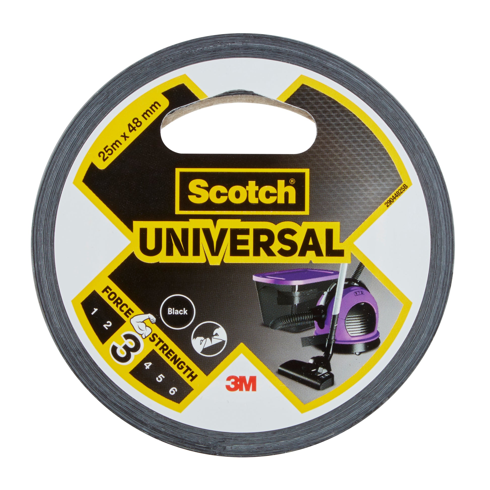 Eine Rolle Scotch® Universal Klebeband 2904 der 3M Deutschland GmbH, Größe 25 m x 48 mm, schwarz, Kraftstärke 3, für den Hausgebrauch; auf dem Etikett sind ein Staubsauger und ein Reinigungseimer abgebildet.