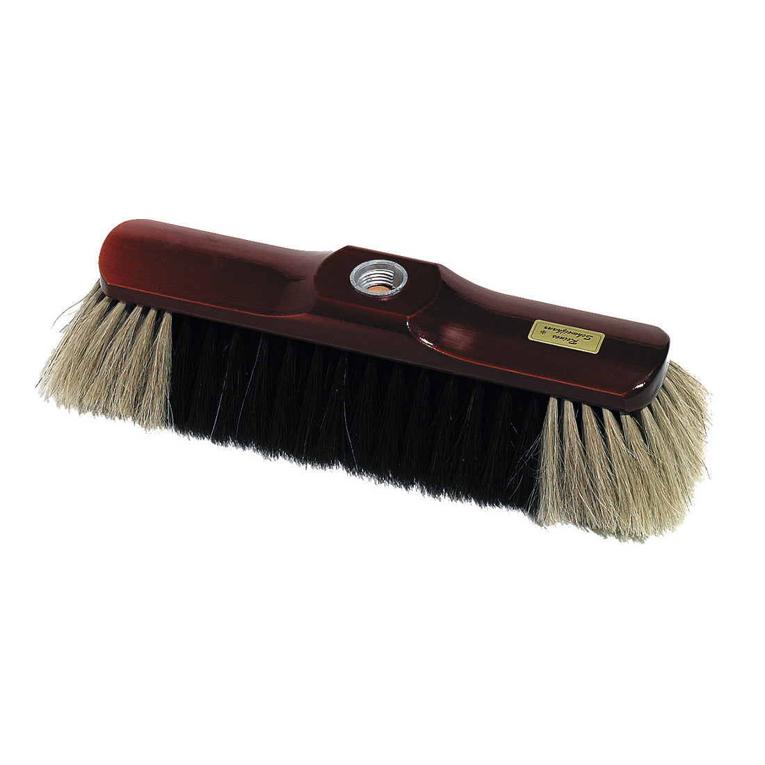 Die Nölle Profi-Bürste Stubenbesen, 28 cm, von Nölle Profi Brush Bürsten- & Pinseltechnik e.K., hat helle und dunkle Naturhaar-Mischung-Borsten, ein Gewindeloch zur Stielbefestigung und ein goldenes Etikett auf dem Holzkopf.