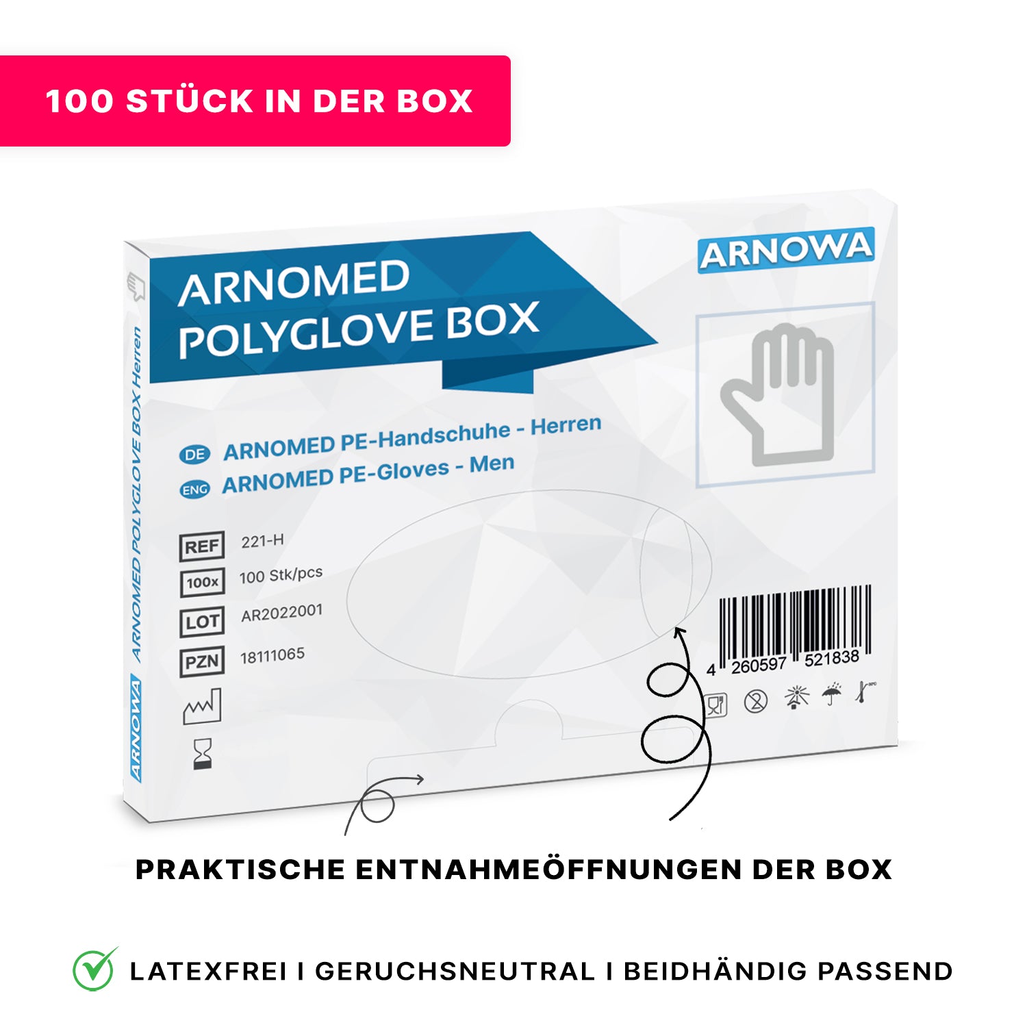 Image of an ARNOMED POLYGLOVE BOX - Einmalhandschuhe aus PE von ARNOWA GmbH, 100 Stück in hygienischer Spenderbox. Verpackung mit Produktdetails auf Deutsch/Englisch, Barcode und Icons für latexfrei, geruchlos und beidhändig verwendbar.