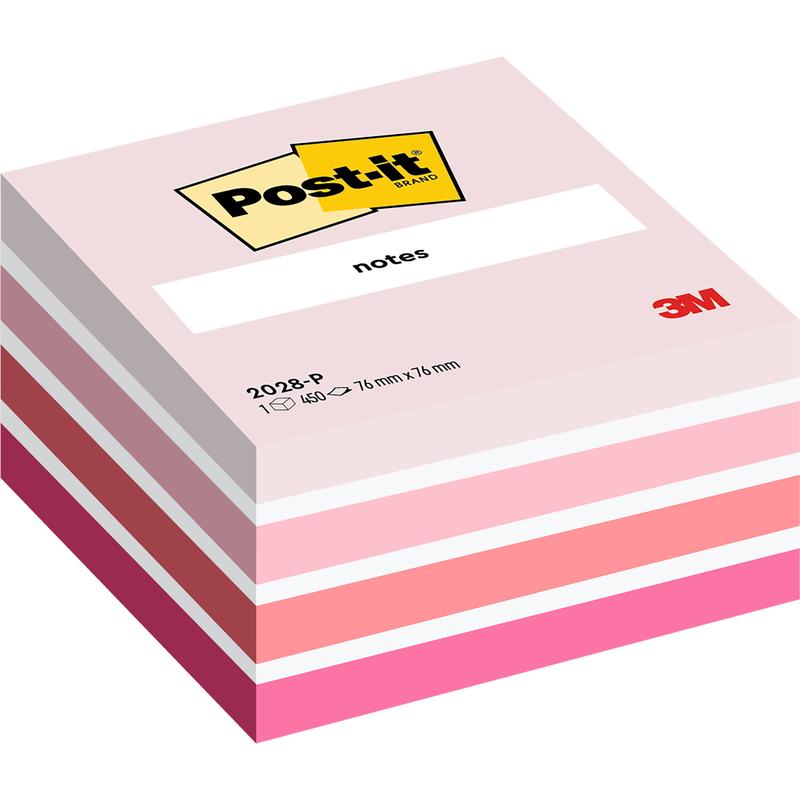 Stoh kociek 3M Post-it® Notes, 76 x 76 mm, 450 listov na blok, v odtieňoch ružovej s logom 3M a "notes" na vrchu; vyrobené 3M Deutschland GmbH, 100% PEFC-certifikované.