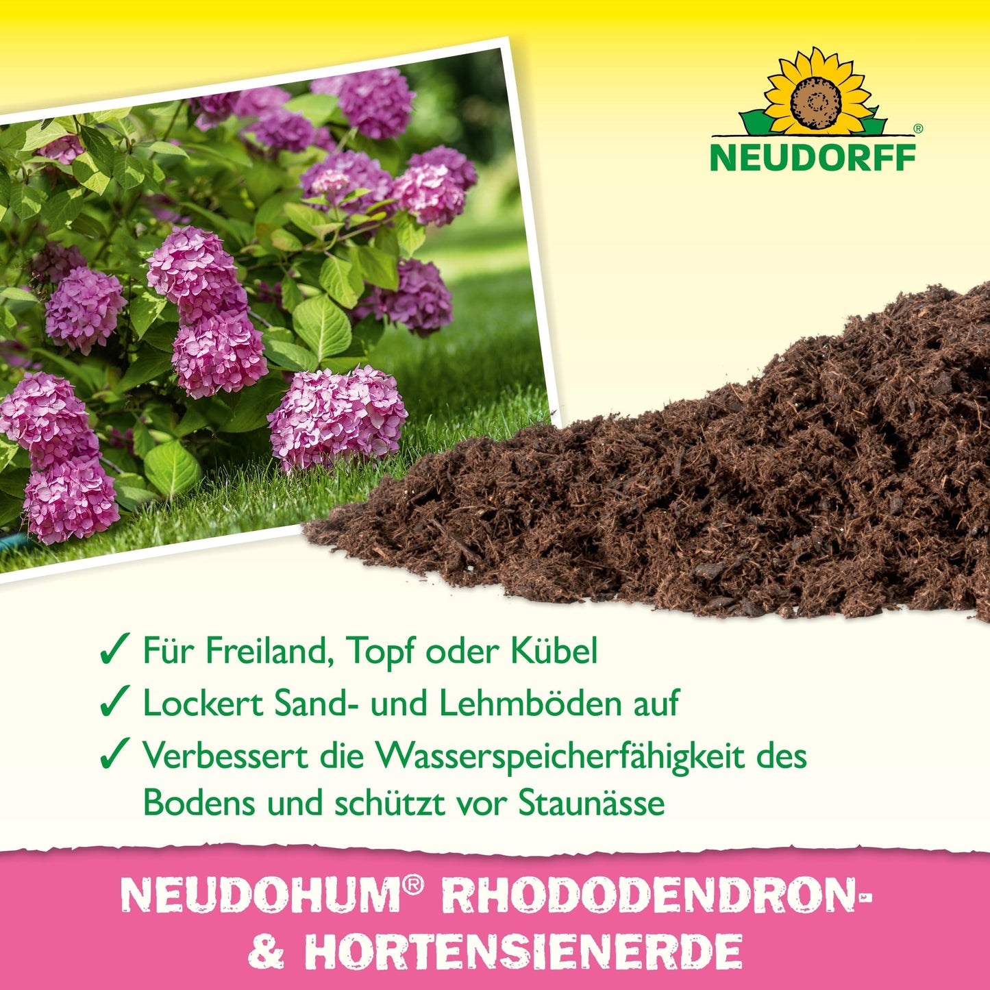 Kopa NeudoHum Rhododendron & Hortensien Erde z Neudorff Shopu leží vedľa kvitnúcich fialových hortenzií. Text zdôrazňuje výhody pre vonkajšie a črepníkové rastliny: lepšie zadržiavanie vody a zabránenie premokrenia.