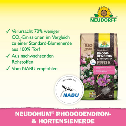 Zobrazené je vrece NeudoHum Rhododendron & Hortensien Erde z Neudorff Shopu, ktoré sa vyznačuje zníženými emisiami CO₂, bezrašelinovým zložením, obnoviteľnými surovinami a odporúčaním NABU s jasne viditeľným logom NABU.