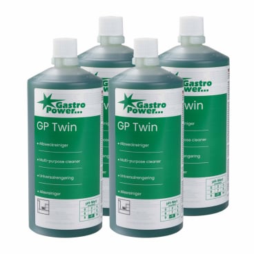 Štyri fľaše Abena Re-Seller GmbH GastroPower GP Twin univerzálneho čističa (325 ml, 4-dielne balenie, 1999915025) so zelenou tekutinou a bielymi uzávermi sú prehľadne usporiadané - ideálne ako profesionálny čistič pre gastronomické prevádzky.