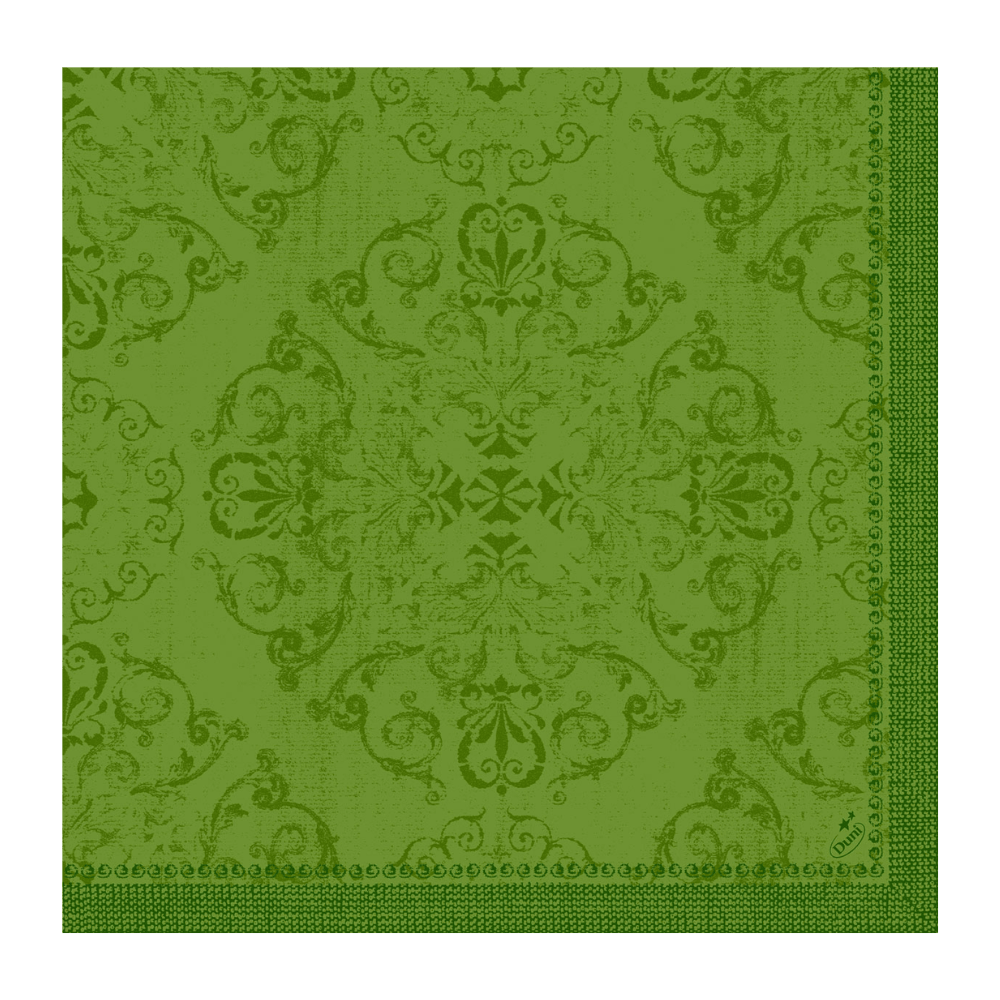 Obrúska Dunilin® od spoločnosti Duni GmbH vo formáte 40 x 40 cm v zelenej farbe s umeleckým kvetinovým a ornamentálnym vzorom. Symetrický dizajn sa vyznačuje zložitými detailmi, zatiaľ čo okraj zobrazuje opakujúci sa geometrický motív, čím stelesňuje opulentný dizajn.