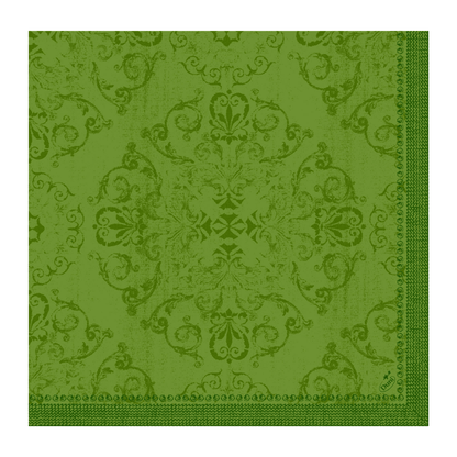 Obrúska Dunilin® od spoločnosti Duni GmbH vo formáte 40 x 40 cm v zelenej farbe s umeleckým kvetinovým a ornamentálnym vzorom. Symetrický dizajn sa vyznačuje zložitými detailmi, zatiaľ čo okraj zobrazuje opakujúci sa geometrický motív, čím stelesňuje opulentný dizajn.