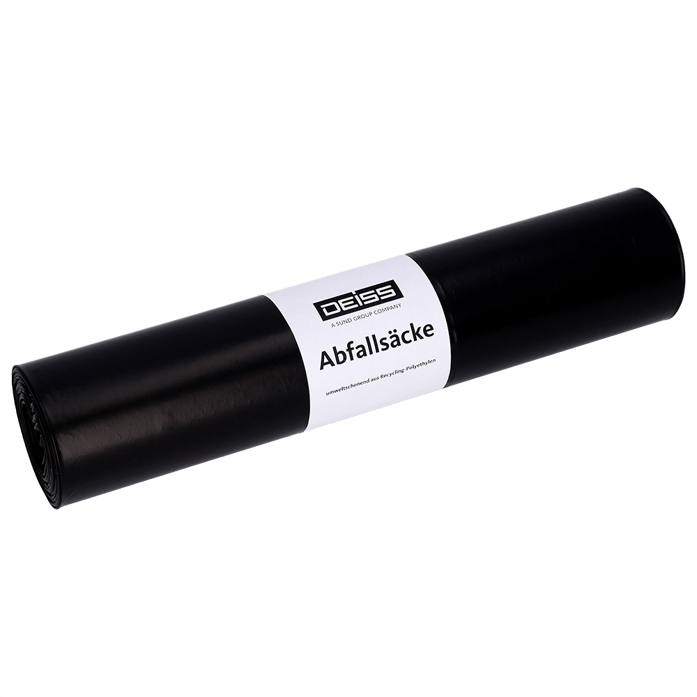 Zobrazená je rolka EMIL DEISS KG (GmbH + Co.) DEISS 25070 vrecia na odpad, 700x1100 mm Typ 60 čierna, rolka (25 kusov), na jednofarebnom svetlosivom pozadí.