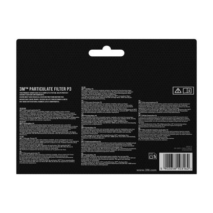 Zadná strana balenia 3M™ časticového filtra 5925, P2, 10 párov/balenie (3M Deutschland GmbH) s informáciami o produkte, pokynmi a bezpečnostnými upozorneniami - ako ochrana pred prachom - v niekoľkých jazykoch na čiernom pozadí. Čiarový kód a recyklačné symboly vpravo dole.