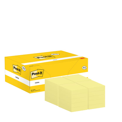 Zobrazený je žltý propagačný balíček lepiacich lístkov Post-it® od 3M Deutschland GmbH s 16 blokmi plus 4 zdarma blokmi (38 mm x 51 mm, 100 listov na blok), PEFC certifikované, s lepiacimi lístkami na prednej strane.