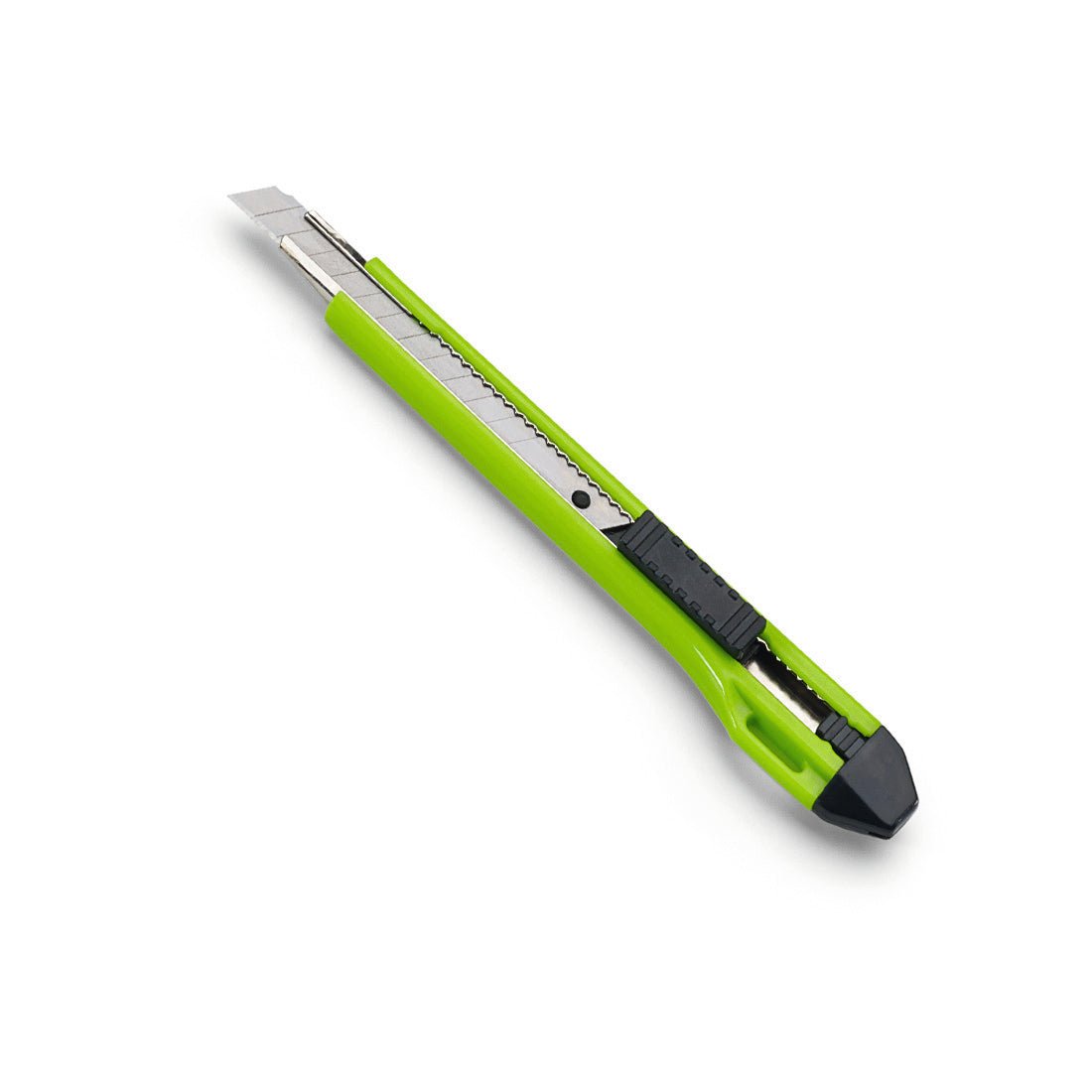 Zelený Nölle Profi Brush odlamovací nôž s kovovým vedením od Nölle Profi Brush Bürsten- & Pinseltechnik e.K. s vysúvacou striebornou čepeľou, čiernym posúvačom a kovovým vedením leží na bielom pozadí.