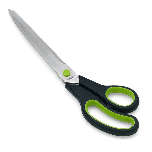 Nožnice na tapetovanie Nölle Profi Brush 2K11 s čepeľami z nehrdzavejúcej ocele a čierno-zelenými ergonomickými rukoväťami zabezpečujú presné rezy; zobrazené na bielom pozadí. Značka: Nölle Profi Brush Bürsten- & Pinseltechnik e.K.