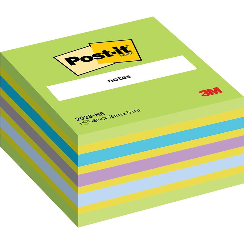 Stoh kociek Post-it® Notes, 76 mm x 76 mm, 450 listov/blok od 3M Deutschland GmbH, s listami v modrej, žltej, fialovej a zelenej farbe. Vrchný list ukazuje žltú značku Post-it s červeným logom 3M.