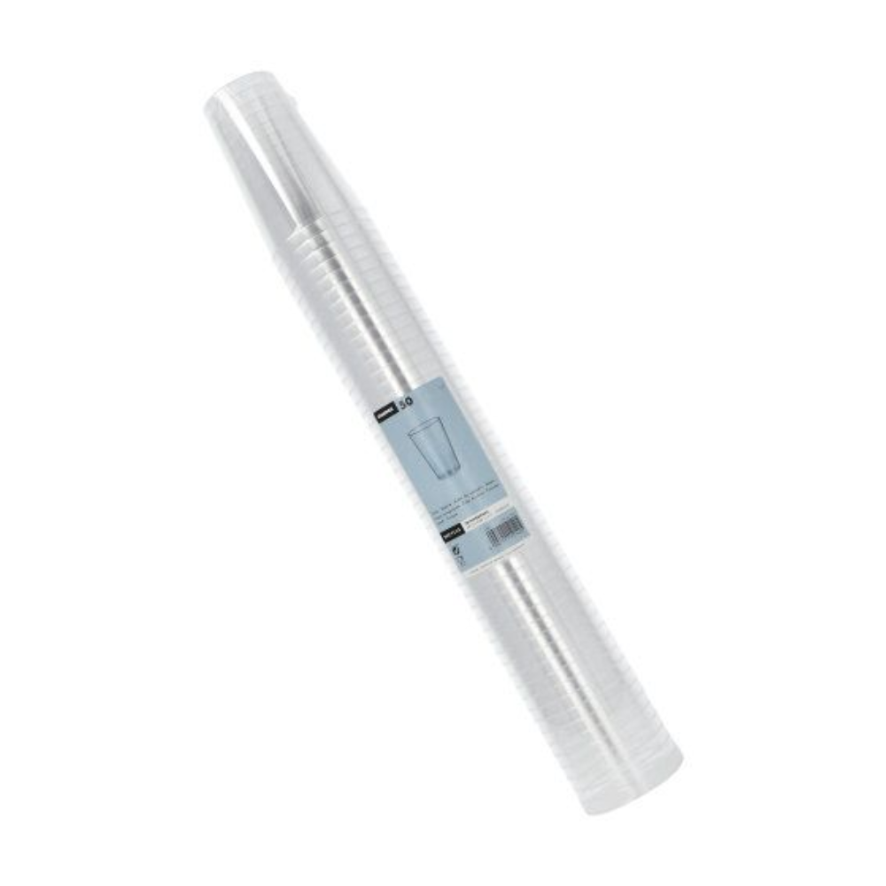 Stoh priehľadných plastových pohárov Starpak, zabalený v priehľadnom obale s modrou etiketou, na ktorej je uvedených 50 pohárov.