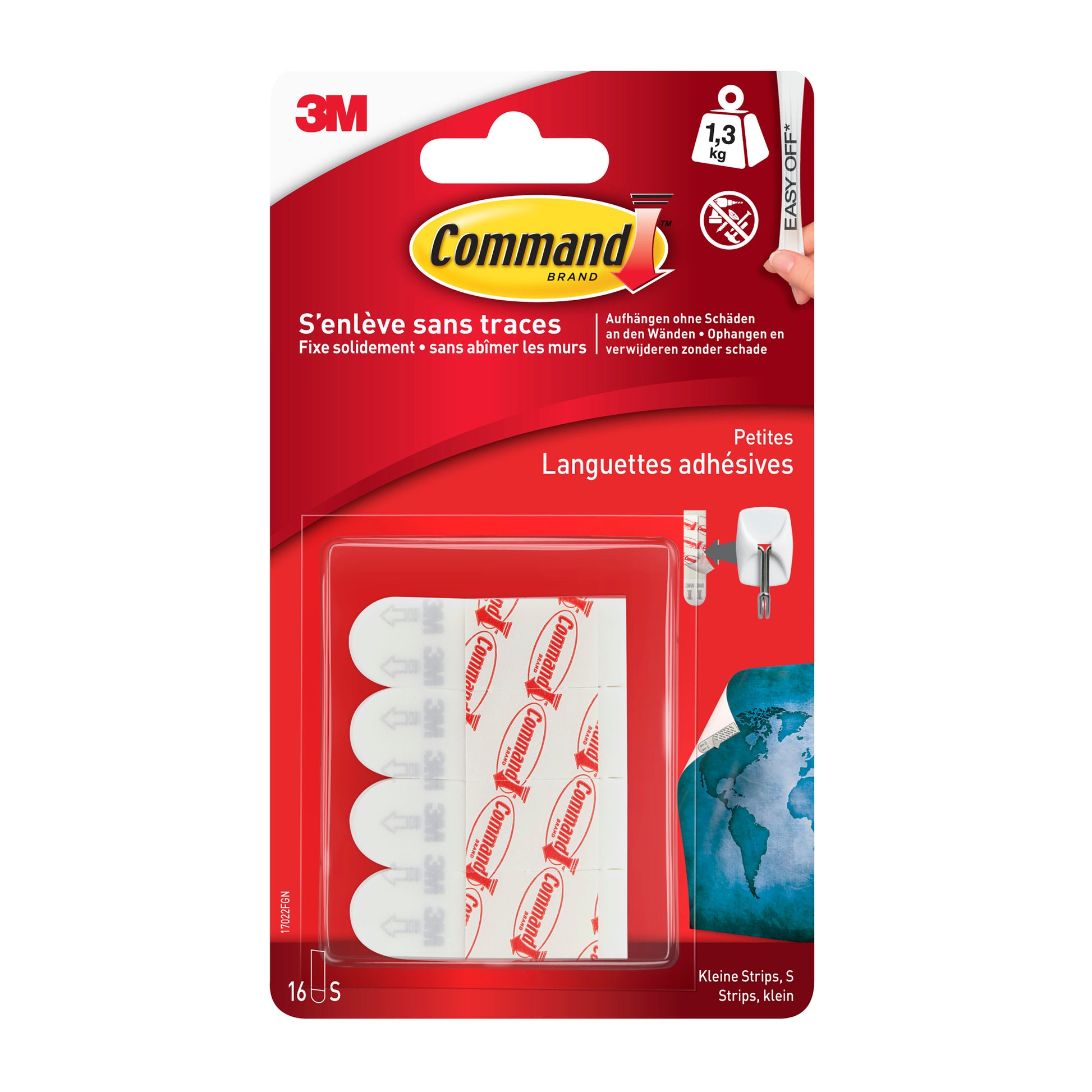 Eine Packung Kleine Command™ Strips S, 17022N (1 Stück) von 3M Deutschland GmbH. Die rot-weiße Verpackung zeigt fünf kleine Streifen, die jeweils bis zu 1,3 kg halten und sich sauber entfernen lassen, ohne Oberflächen zu beschädigen.