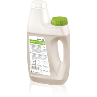 2-litrová fľaša Ecolab Incidin Pro s uchom, bielym a zeleným viečkom na protilehlých stranách a bielou etiketou s informáciami o produkte a bezpečnostnými symbolmi.