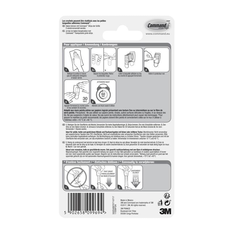 Zadná strana balenia Command™ Mini-háku 17006 od 3M Deutschland GmbH s viacjazyčným návodom, diagramami na montáž bez náradia, použitím lepiacich pásikov, bezpečnostnými upozorneniami, detailmi produktu, čiarovým kódom - bez zvyškov odstrániteľné.