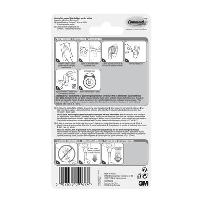 Zadná strana balenia Command™ Mini-háku 17006 od 3M Deutschland GmbH s viacjazyčným návodom, diagramami na montáž bez náradia, použitím lepiacich pásikov, bezpečnostnými upozorneniami, detailmi produktu, čiarovým kódom - bez zvyškov odstrániteľné.