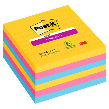 Stoh Post-it® Super Sticky Notes vo veľkom formáte (101 mm x 101 mm, 90 listov/blok, 100% PEFC) od 3M Deutschland GmbH ukazuje striedavo žlté, modré a ružové listy s logom a recyklačným symbolom na obale.