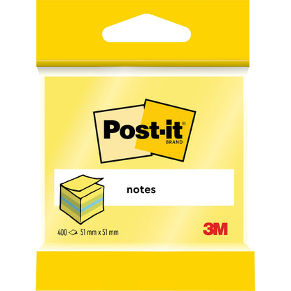 Balenie Post-it® Notes Mini Cube od 3M Deutschland GmbH, 51 mm x 51 mm, 400 listov na blok, v žltom obale s logom Post-it a obrázkom stohu papierikov; na prednej strane označené "400", "51 mm x 51 mm" a "notes".