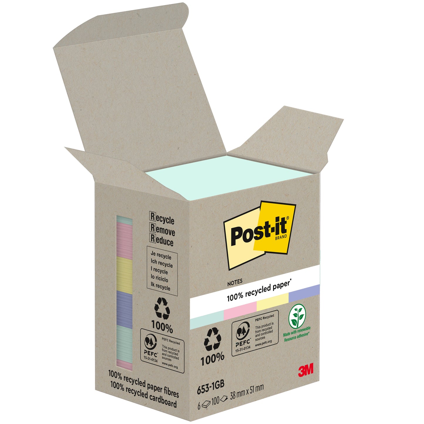 Otvorená škatuľka Post-it® recyklovaných poznámok (38 mm x 51 mm, 100 listov/blok, 100% PEFC) od 3M Deutschland GmbH ukazuje niekoľko pastelových blokov a je opatrená recyklačnými symbolmi a značkou 3M.