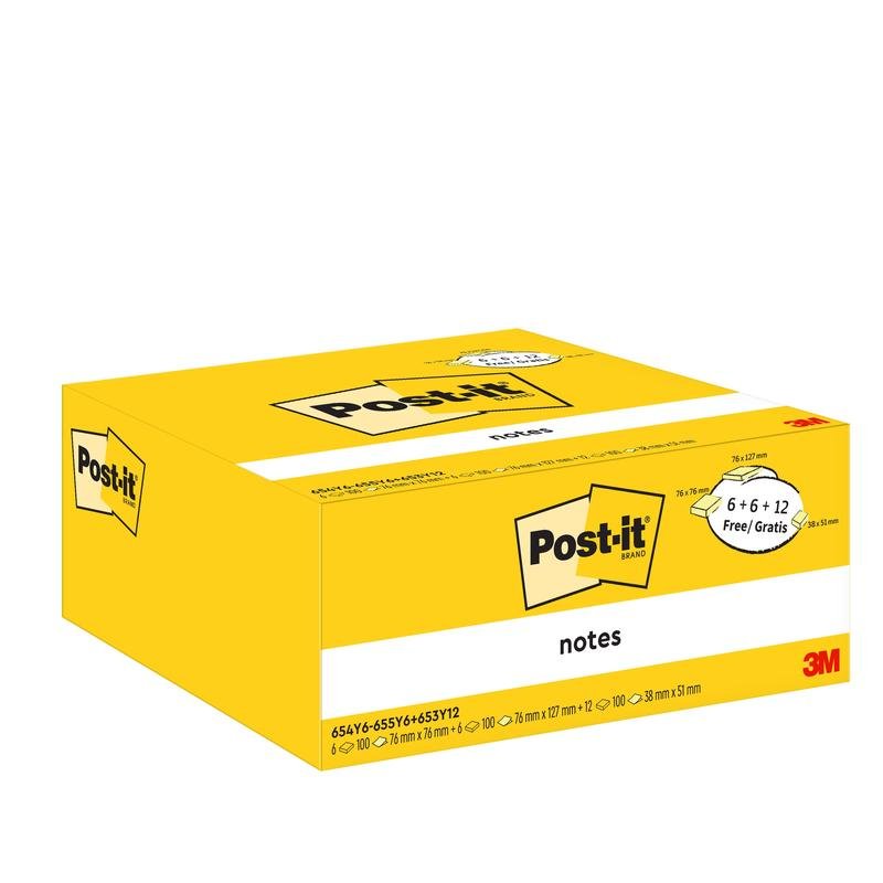 Zobrazená je žltá škatuľka s poznámkami Post-it® Notes od spoločnosti 3M Deutschland GmbH s 12 blokmi a 12 voľnými blokmi, vyrobená zo 100% PEFC-certifikovaného papiera (SGSCH-PEFC-COC-110078), s rôznymi veľkosťami a kartónovými obalmi.