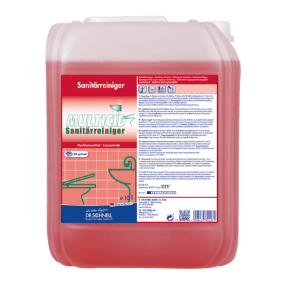 10-litrový plastový kontajner Dr. Schnell MULTICID čističa sanitárnych zariadení od DR.SCHNELL GmbH & Co. KGaA, červený koncentrát čističa sanitárnych zariadení s produktovými etiketami a pokynmi na použitie vytlačenými na prednej strane.