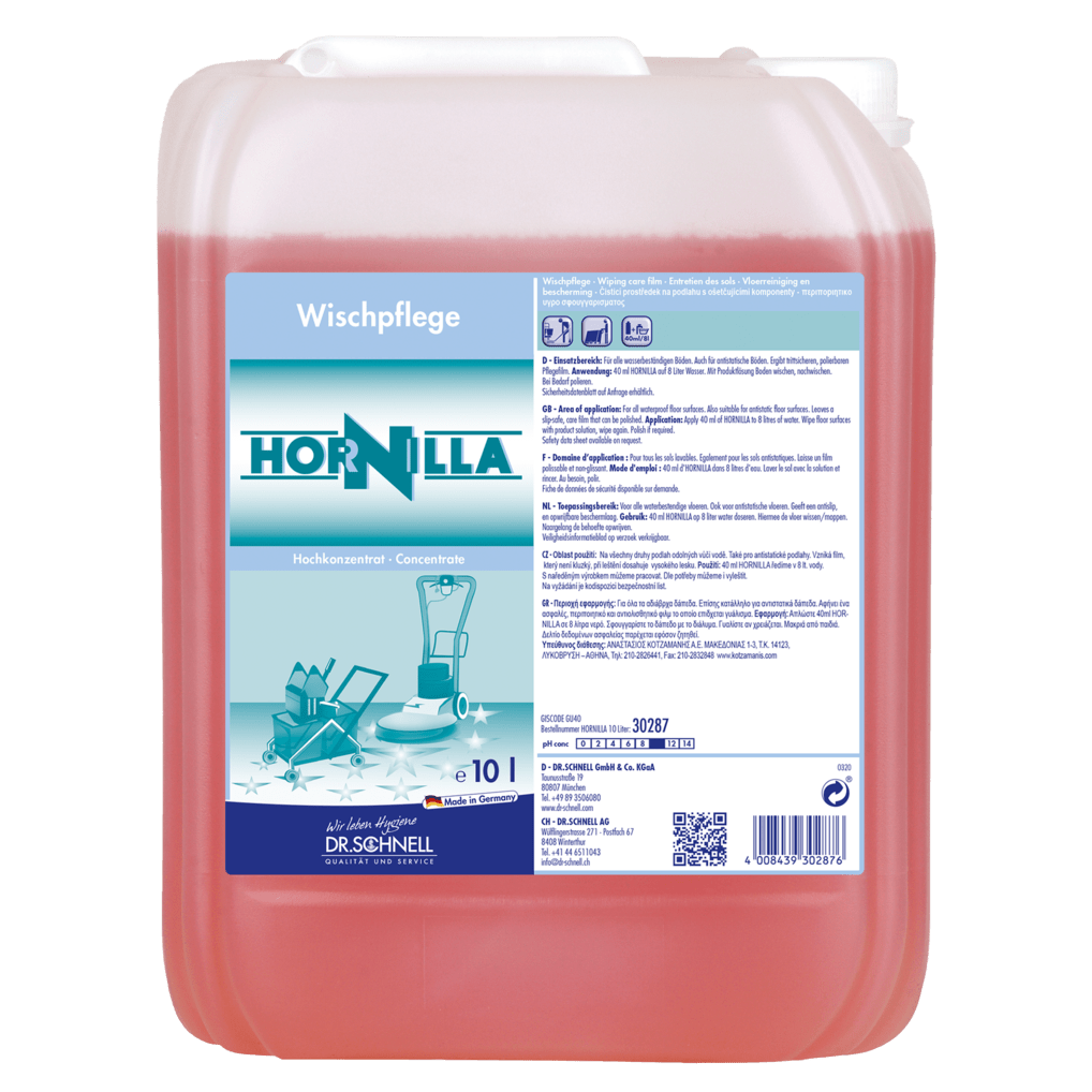 10-litrový kontajner Dr. Schnell HORNILLA od DR.SCHNELL GmbH & Co. KGaA, naplnený červenou tekutinou. Nemecká etiketa zobrazuje informácie o produkte, návod na použitie a bezpečnostné symboly pre silné čistenie.
