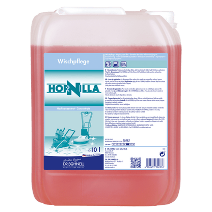 10-litrový kontajner Dr. Schnell HORNILLA od DR.SCHNELL GmbH & Co. KGaA, naplnený červenou tekutinou. Nemecká etiketa zobrazuje informácie o produkte, návod na použitie a bezpečnostné symboly pre silné čistenie.