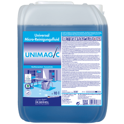 10-litrová nádoba Dr. Schnell UNIMAGIC od DR.SCHNELL GmbH & Co. KGaA má rukoväť a veľkú etiketu s informáciami o produkte, pokynmi na použitie, certifikačnými logami a grafikou čistiaceho vozíka.
