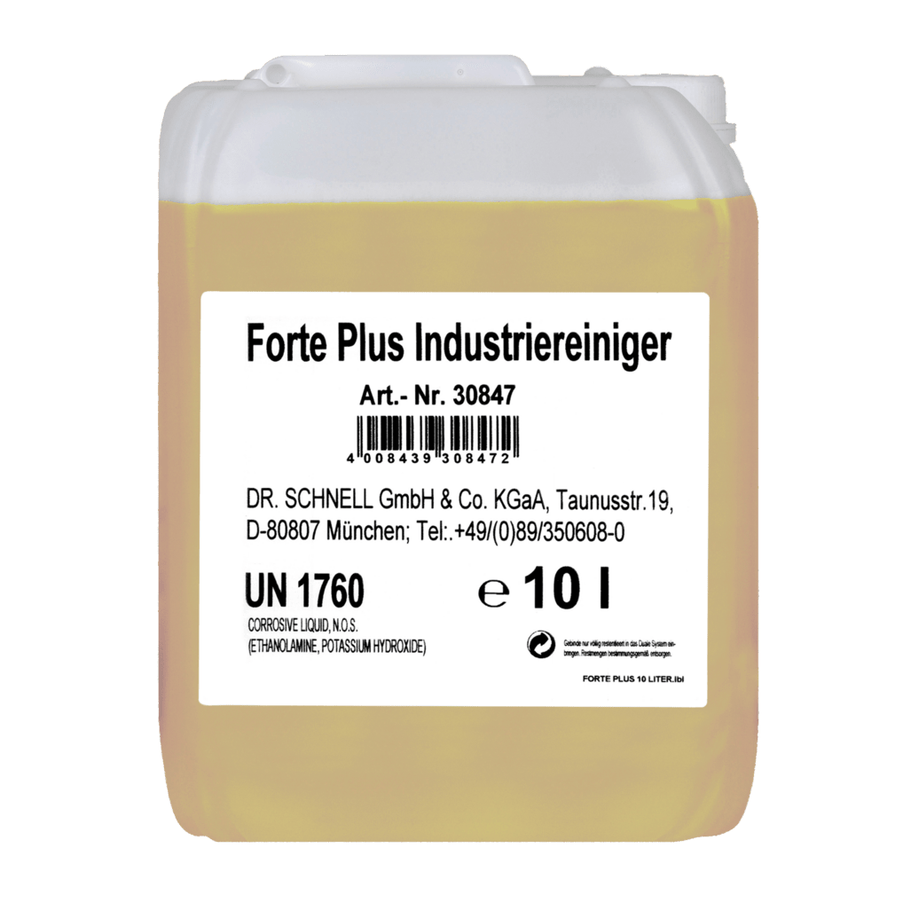 Ein 10-Liter-Transluzenzbehälter von Dr. Schnell FORTE PLUS INDUSTRIEREINIGER der DR.SCHNELL GmbH & Co. KGaA mit weißem Etikett mit Produkt-/Herstellerangaben, UN 1760 und Sicherheitshinweisen; gelbe Flüssigkeit für Industrie Reinigung und starke Verschmutzungen.