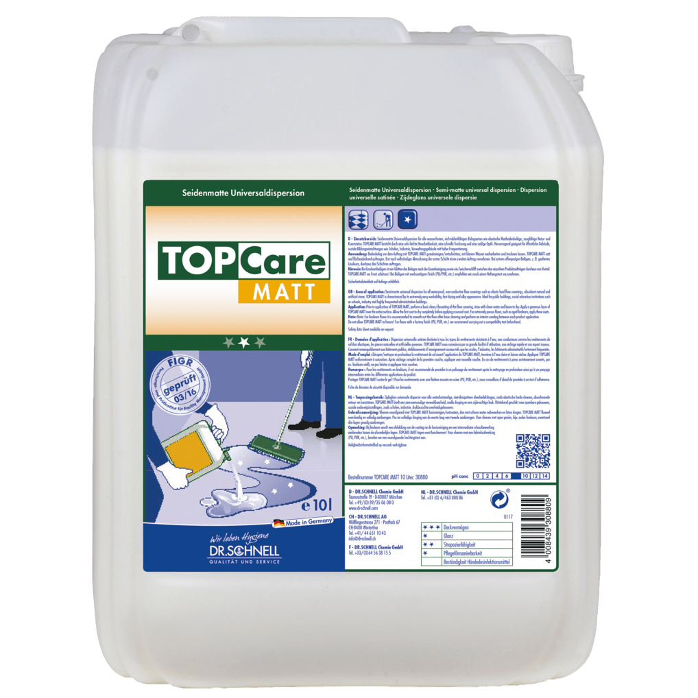 10-litrový kanister z bieleho plastu Dr. Schnell TOPCARE MATT hodvábne matná univerzálna disperzia na čistenie budov podláh od DR.SCHNELL GmbH & Co. KGaA, s produktovými etiketami, pokynmi a čistiacimi obrázkami na prednej strane.