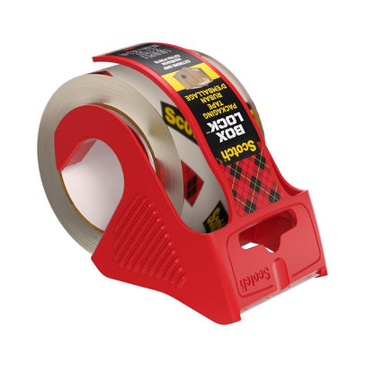 Rolka Scotch® Box Lock™ baliacej pásky 48 mm x 20,3 m od 3M Deutschland GmbH v červenom plastovom dávkovači sa vyznačuje čírou, odolnou páskou a čierno-žlto-červenou etiketou pre jednoduché dávkovanie.