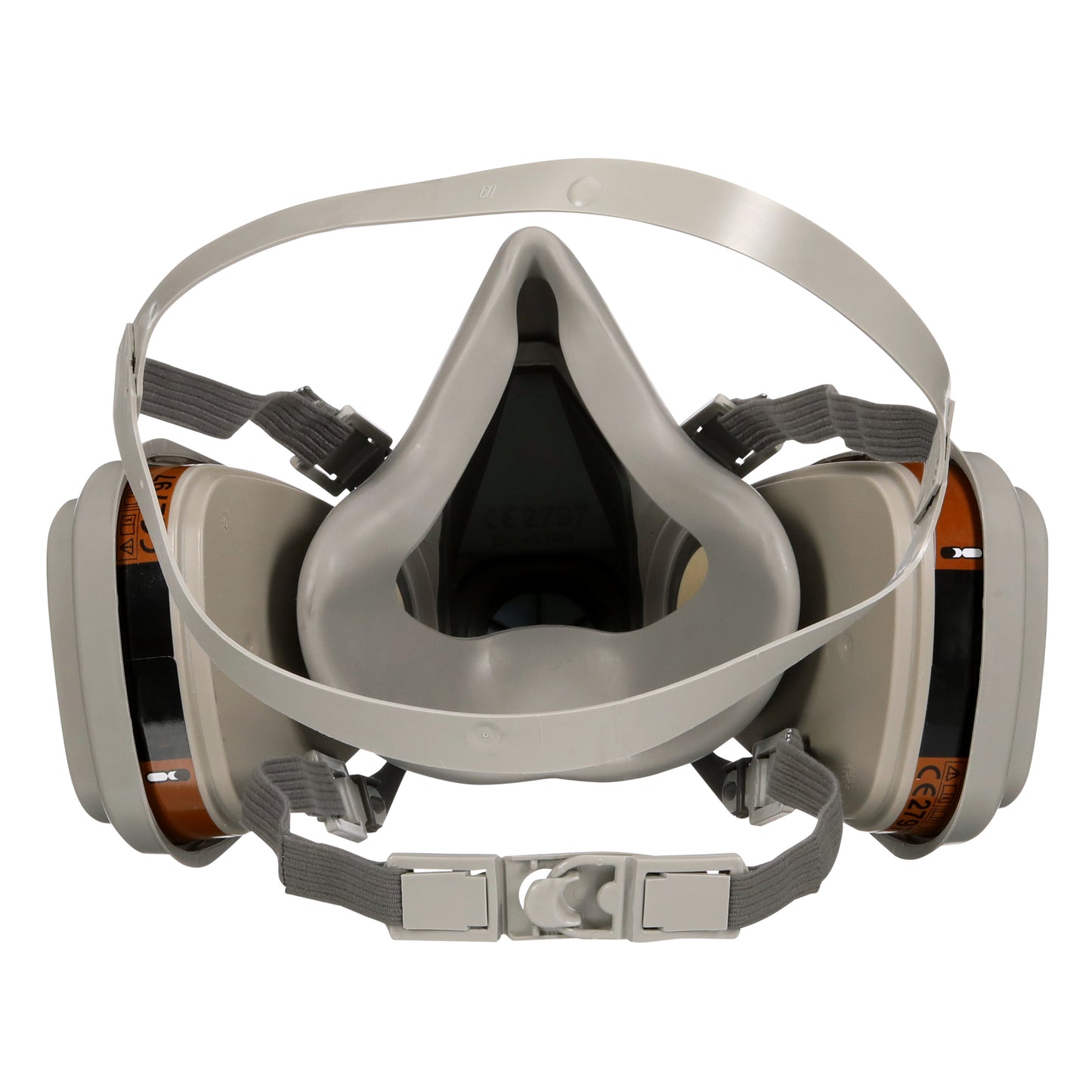 Die 3M™ Atemschutzmaske 6002KIT-1 von 3M Deutschland GmbH mit verstellbaren Kopfriemen und austauschbaren A2P2-Filtern für organische Dämpfe (1x6200, 2x6055, 2x5925, 2x501) ist frontal vor weißem Hintergrund abgebildet.